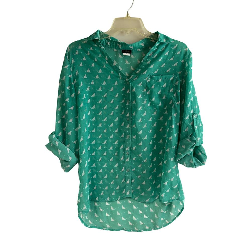 Salon Studio Sheer Green Cat Print Blouse Medium Button Up